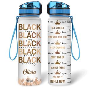 Hyturtle Personalized Black Love Joy Excellent African American 32oz Liter Motivational Water Bottle, Customized Name With Time Marker, Gifts For Black Women Men Family On Birthday Anniversary