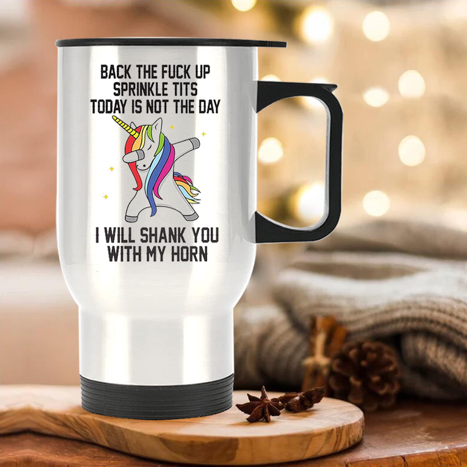 SUSANKEY Motivational Inspired Funny Saying Quotes - Back The F**k Up - I Will Shank You with My Horn - Stainless Steel Travel Mug 14 Oz Coffee/Tea Cup