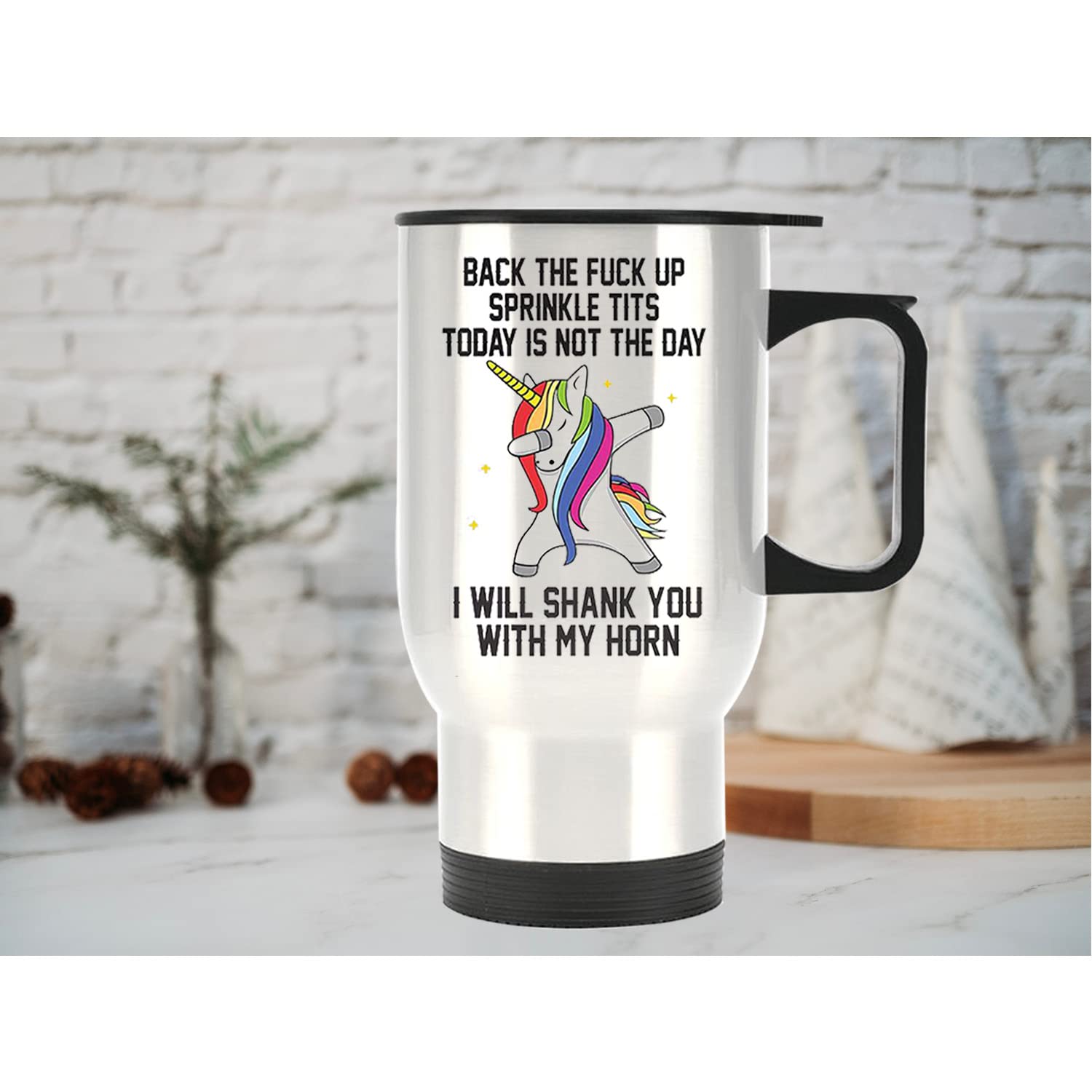 SUSANKEY Motivational Inspired Funny Saying Quotes - Back The F**k Up - I Will Shank You with My Horn - Stainless Steel Travel Mug 14 Oz Coffee/Tea Cup