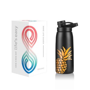 life's easy stainless steel water bottle - spout lid design - double wall insulation and wide mouth - leak-proof solution for hot and cold drinks, sports, camping, and hiking - 26 oz - pineapple black