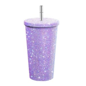 kakaa thermos portable 17oz water bottle double stainless steel inside 304 outer 201 pure handmade cup with lids and straws studded skinny tumblers for women's gift (purple)