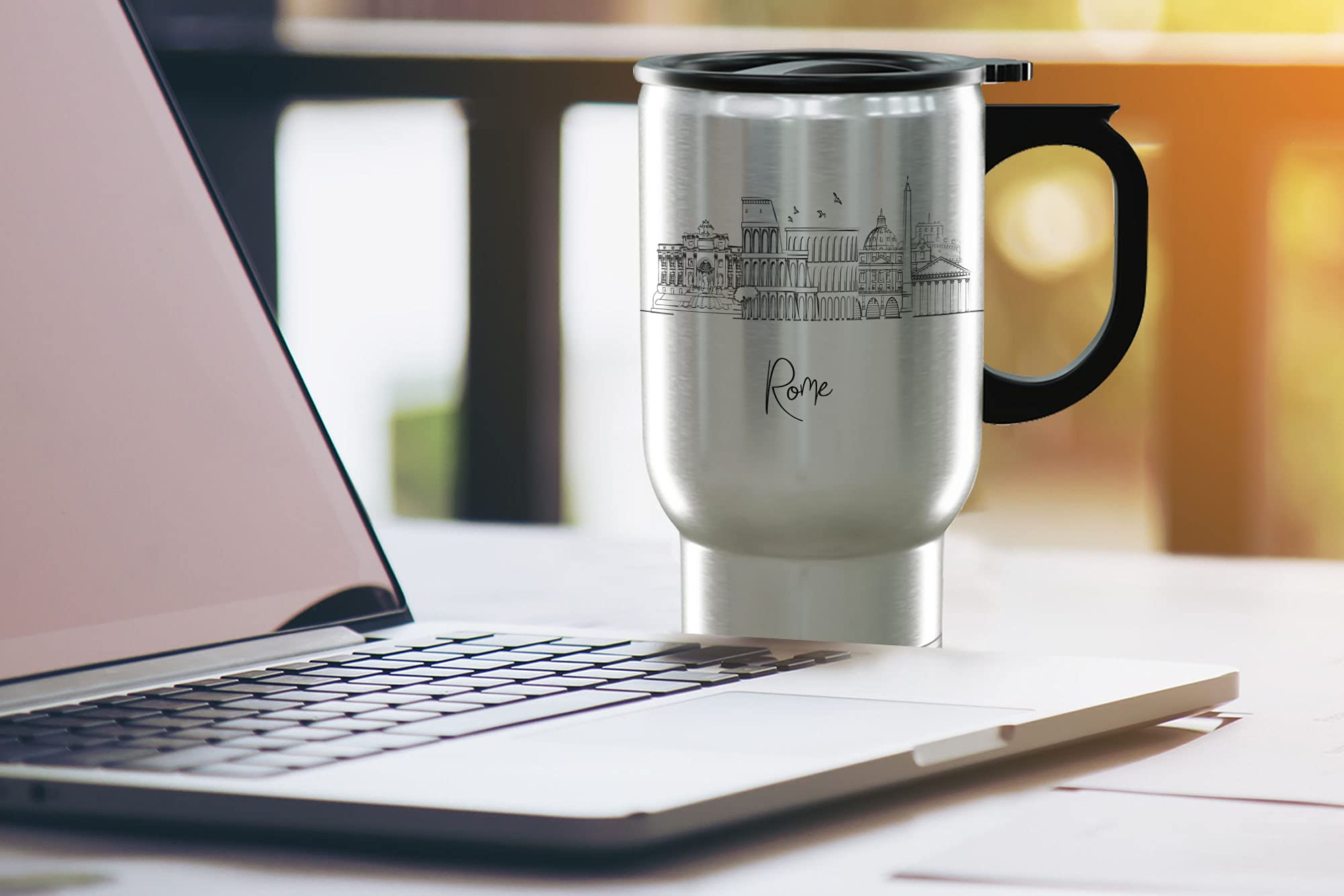 Rome Italy Gifts and Souvenirs - Travel Mug with Handle and Lid - Rome Graduation Unique Drinkware - 14oz Travel Mug Steel - Best Europe Long Distance Gifts & Homesick Student Gifts