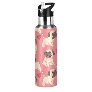 oarencol pug heart water bottle lovely dog puppy pink stainless steel vacuum insulated with straw lid 20 oz