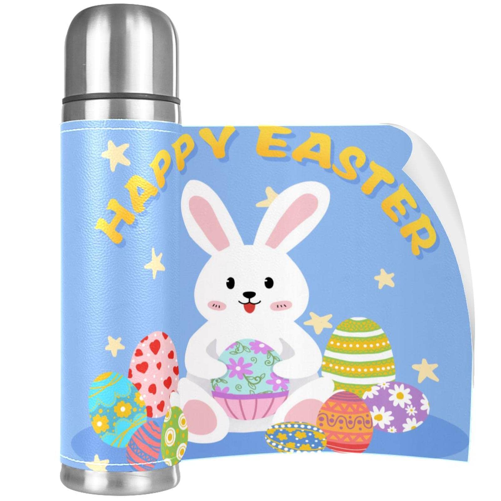 Stainless Steel Leather Vacuum Insulated Mug Easter Thermos Water Bottle for Hot and Cold Drinks Kids Adults 16 Oz