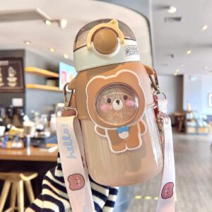 feuseuz kawaii water bottle cute little bear water bottle with shoulder strap stainless steel thermal and cold water bottle (coffee,600ml)