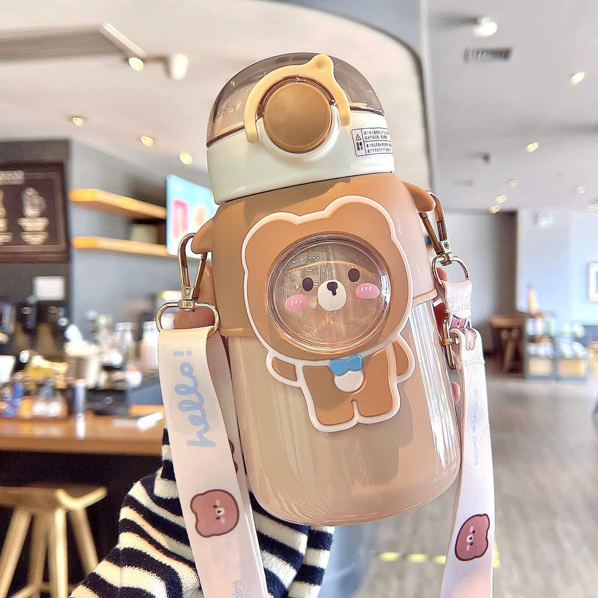 FEUSEUZ Kawaii Water Bottle Cute Little Bear Water Bottle with Shoulder Strap Stainless Steel Thermal and Cold Water Bottle (Coffee,600ml)