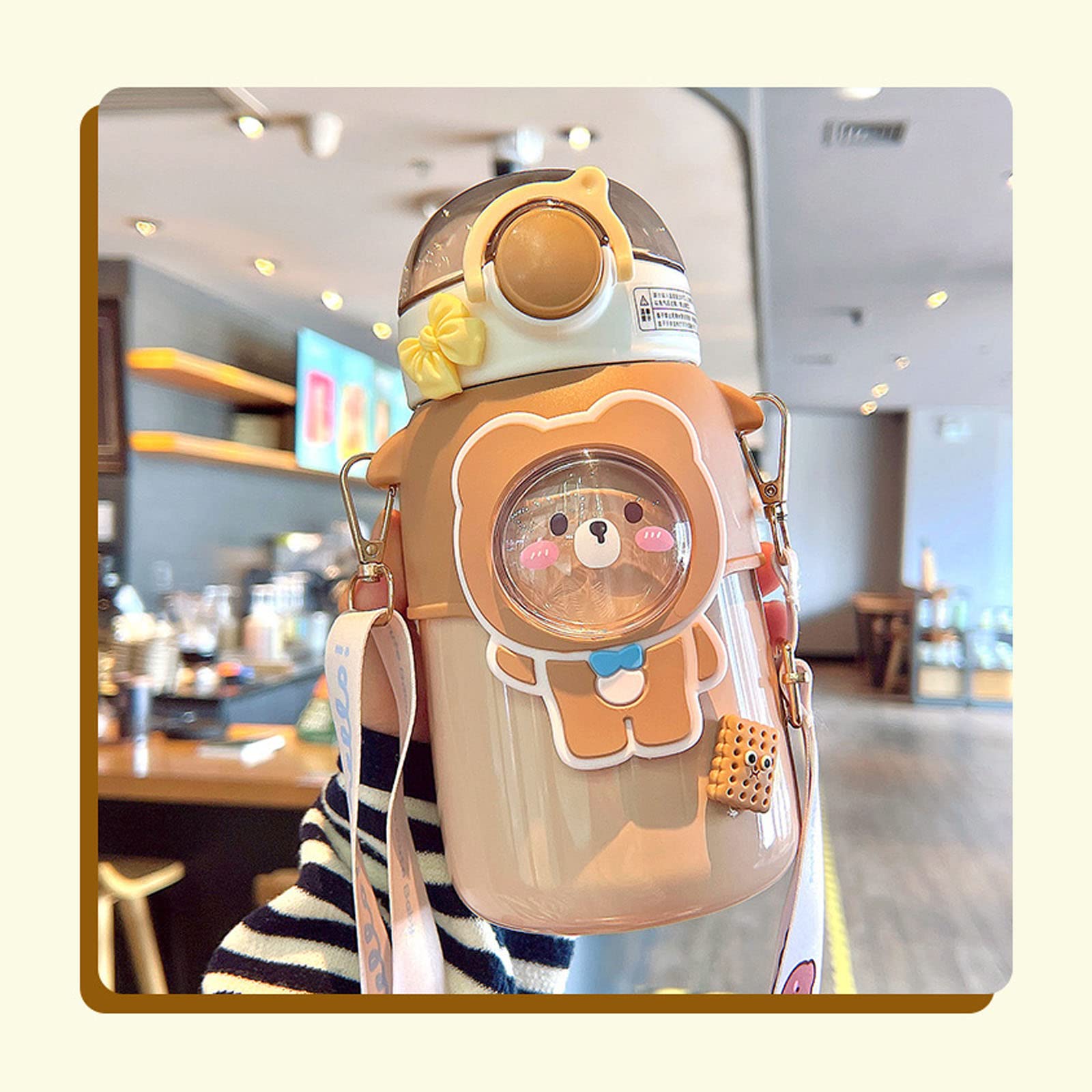 FEUSEUZ Kawaii Water Bottle Cute Little Bear Water Bottle with Shoulder Strap Stainless Steel Thermal and Cold Water Bottle (Coffee,600ml)