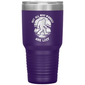 bigfoot tumbler cup with lid - not all who wander are lost - double walled, insulated sasquatch travel coffee mug - 30 oz (purple)