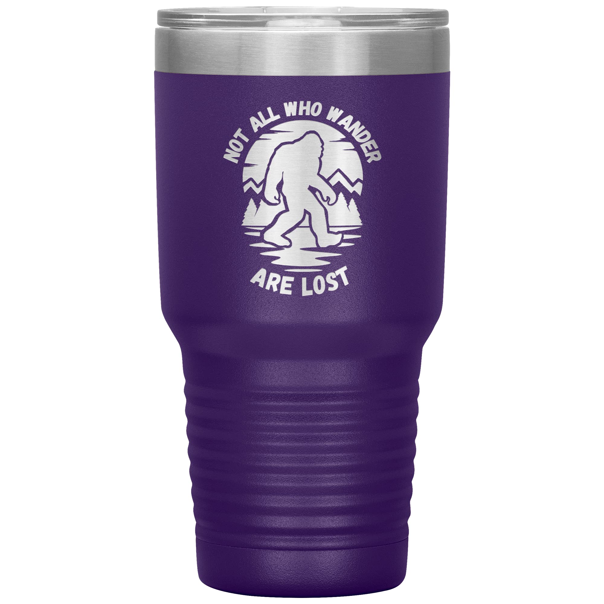 Bigfoot Tumbler Cup with Lid - Not All Who Wander Are Lost - Double Walled, Insulated Sasquatch Travel Coffee Mug - 30 oz (Purple)