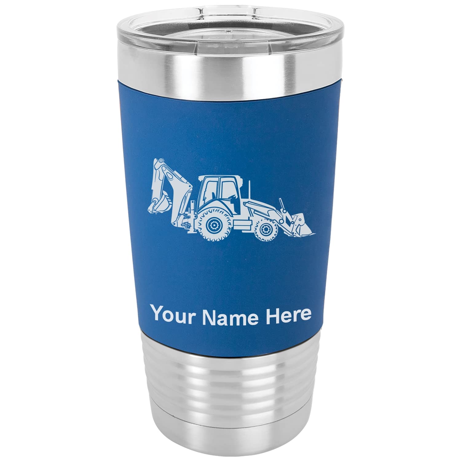 LaserGram 20oz Vacuum Insulated Tumbler Mug, Backhoe Loader, Personalized Engraving Included (Silicone Grip, Dark Blue)