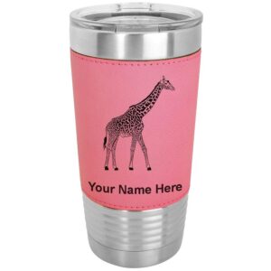 lasergram 20oz vacuum insulated tumbler mug, giraffe, personalized engraving included (faux leather, pink)