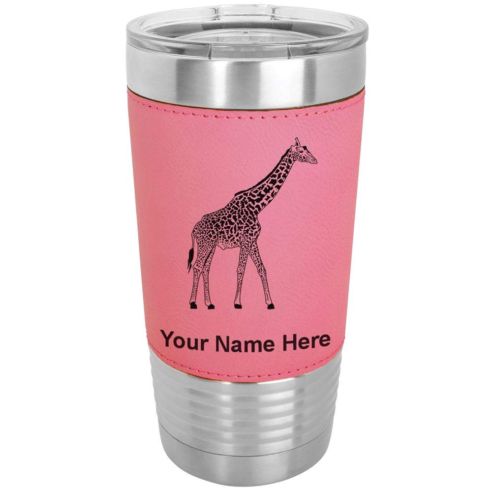 LaserGram 20oz Vacuum Insulated Tumbler Mug, Giraffe, Personalized Engraving Included (Faux Leather, Pink)