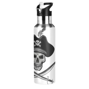 yasala water bottle pirate skull sword grey coffee thermos stainless steel insulated beverage container 20 oz with straw lid bpa-free for sport, travel, camping, back to school