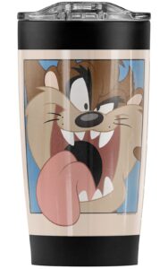 logovision looney tunes taz closeup stainless steel tumbler 20 oz coffee travel mug/cup, vacuum insulated & double wall with leakproof sliding lid | great for hot drinks and cold beverages