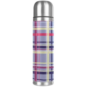 stainless steel leather vacuum insulated mug cascading plaid thermos water bottle for hot and cold drinks kids adults 16 oz