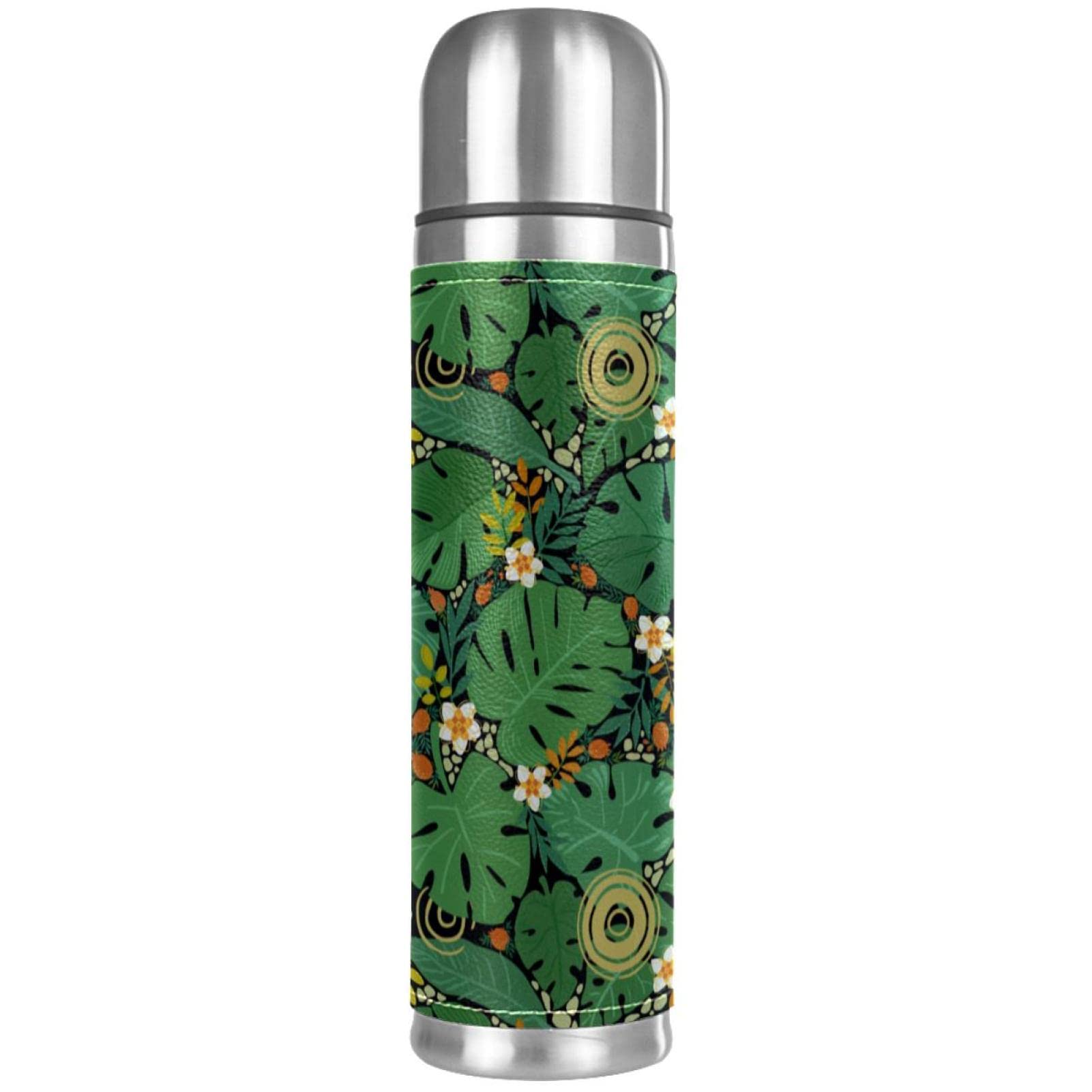 Stainless Steel Leather Vacuum Insulated Mug Tropical Plants Thermos Water Bottle for Hot and Cold Drinks Kids Adults 16 Oz