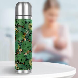 Stainless Steel Leather Vacuum Insulated Mug Tropical Plants Thermos Water Bottle for Hot and Cold Drinks Kids Adults 16 Oz