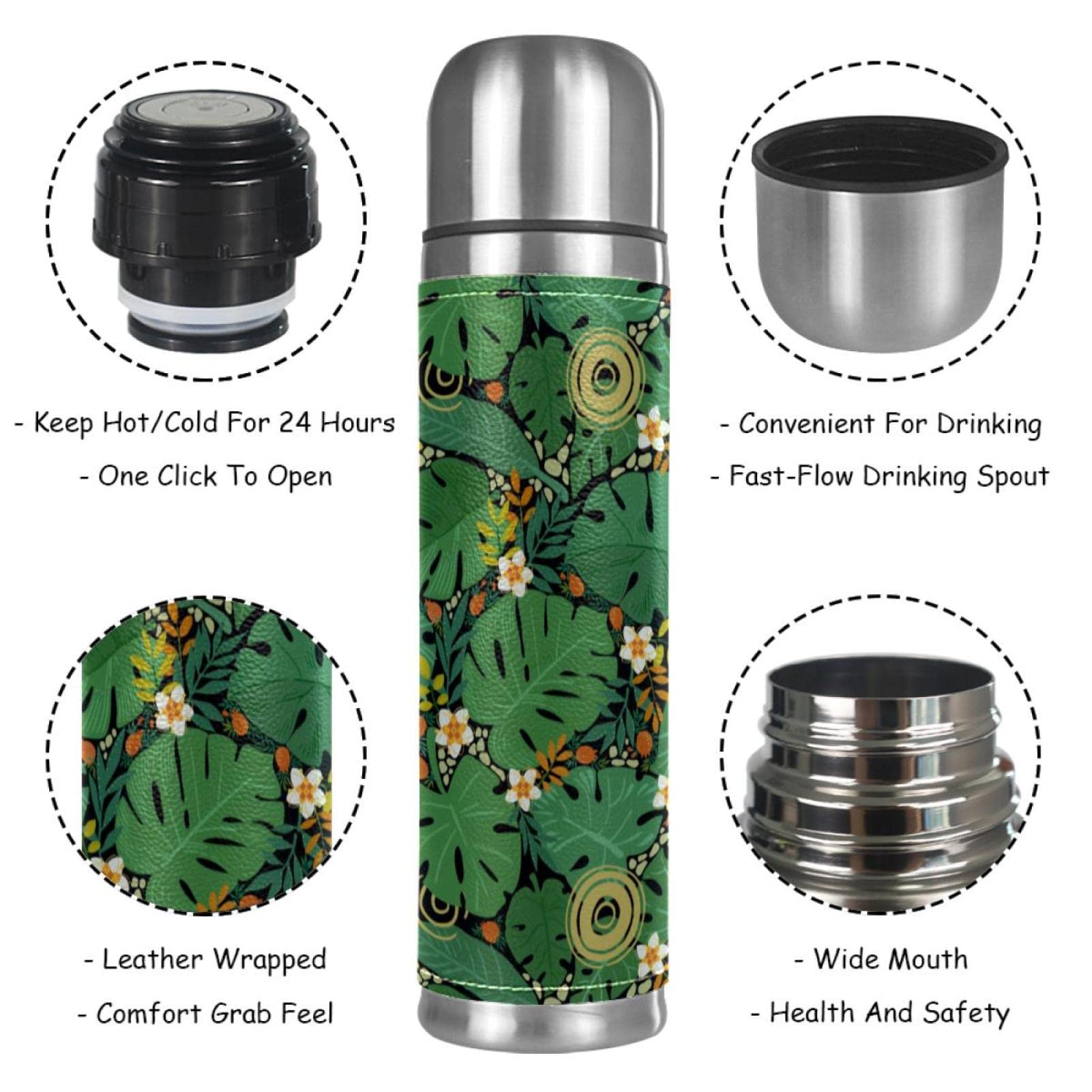 Stainless Steel Leather Vacuum Insulated Mug Tropical Plants Thermos Water Bottle for Hot and Cold Drinks Kids Adults 16 Oz