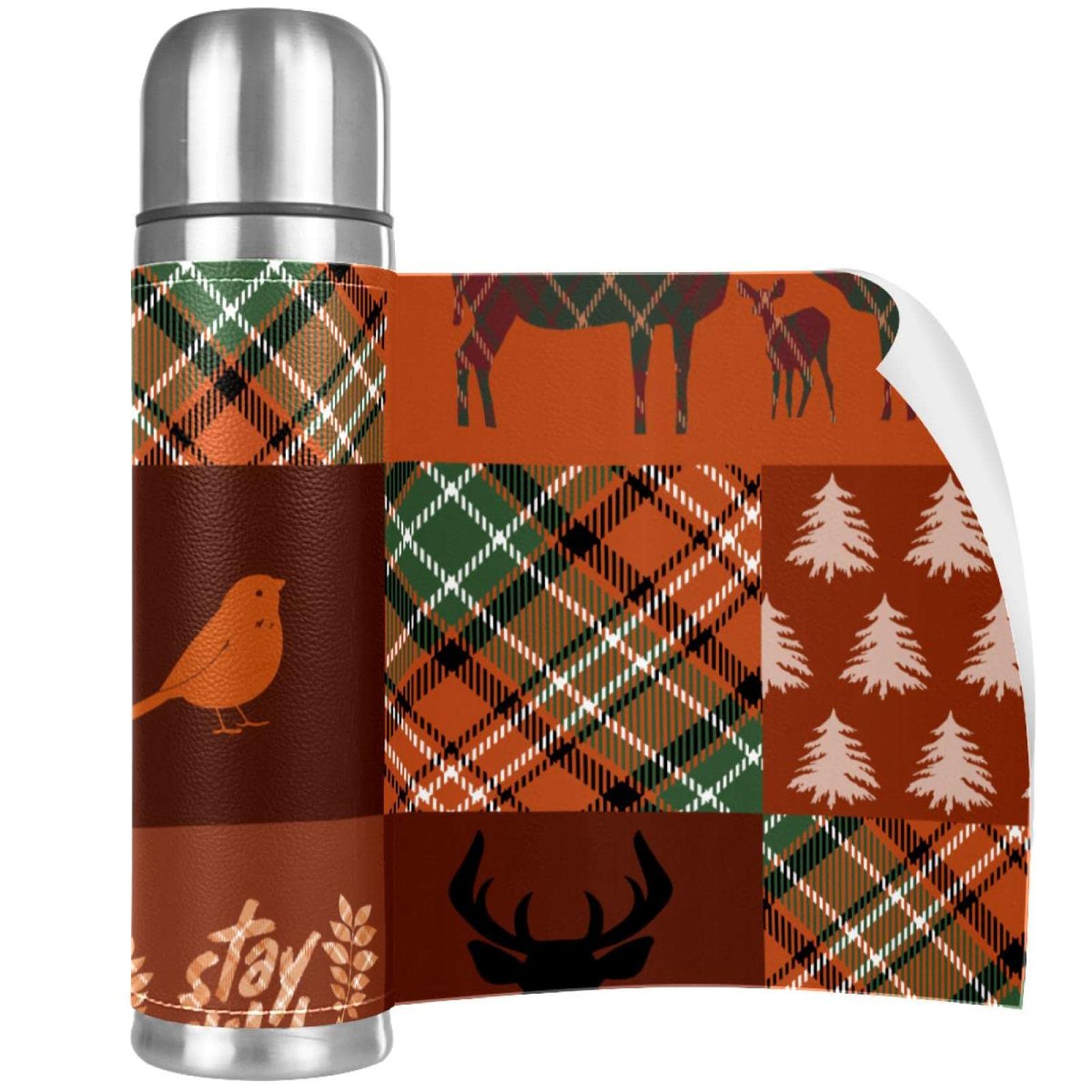 Stainless Steel Leather Vacuum Insulated Mug Plaid Animals Thermos Water Bottle for Hot and Cold Drinks Kids Adults 16 Oz