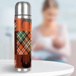 Stainless Steel Leather Vacuum Insulated Mug Plaid Animals Thermos Water Bottle for Hot and Cold Drinks Kids Adults 16 Oz