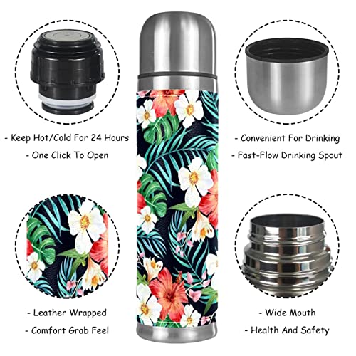 Stainless Steel Leather Vacuum Insulated Mug Tropical Plants Thermos Water Bottle for Hot and Cold Drinks Kids Adults 16 Oz