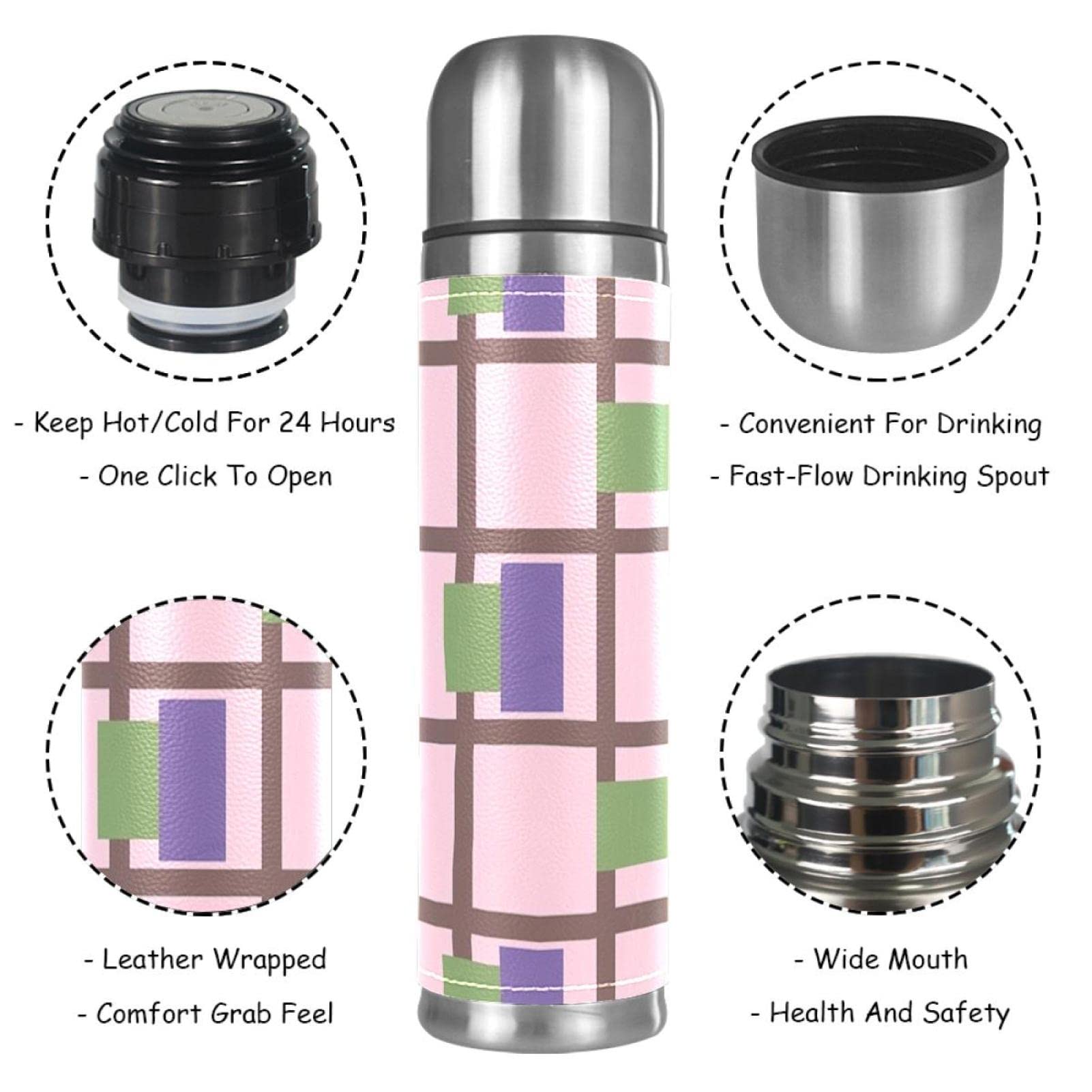 Stainless Steel Leather Vacuum Insulated Mug Cascading Plaid Thermos Water Bottle for Hot and Cold Drinks Kids Adults 16 Oz