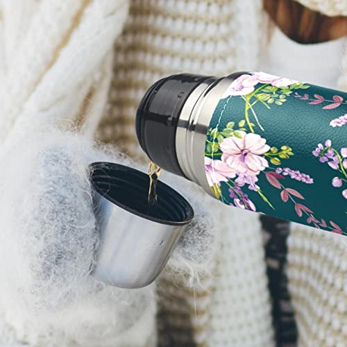 Stainless Steel Leather Vacuum Insulated Mug Flower Thermos Water Bottle for Hot and Cold Drinks Kids Adults 16 Oz