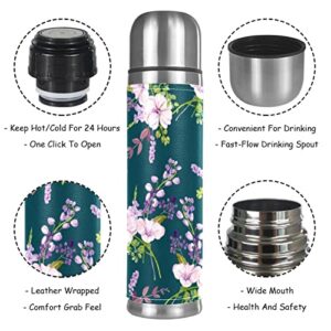 Stainless Steel Leather Vacuum Insulated Mug Flower Thermos Water Bottle for Hot and Cold Drinks Kids Adults 16 Oz