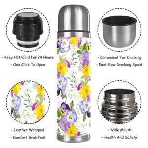 Stainless Steel Leather Vacuum Insulated Mug Flowers Thermos Water Bottle for Hot and Cold Drinks Kids Adults 16 Oz