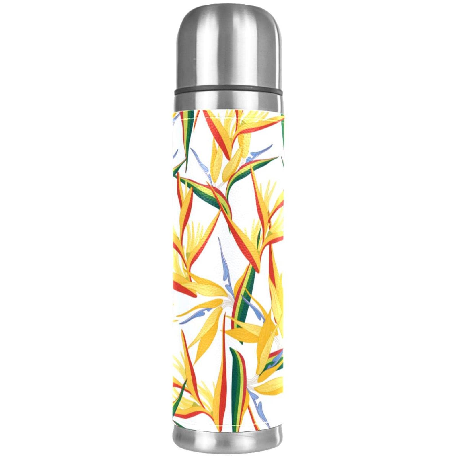 Stainless Steel Leather Vacuum Insulated Mug Tropical Flowers Thermos Water Bottle for Hot and Cold Drinks Kids Adults 16 Oz