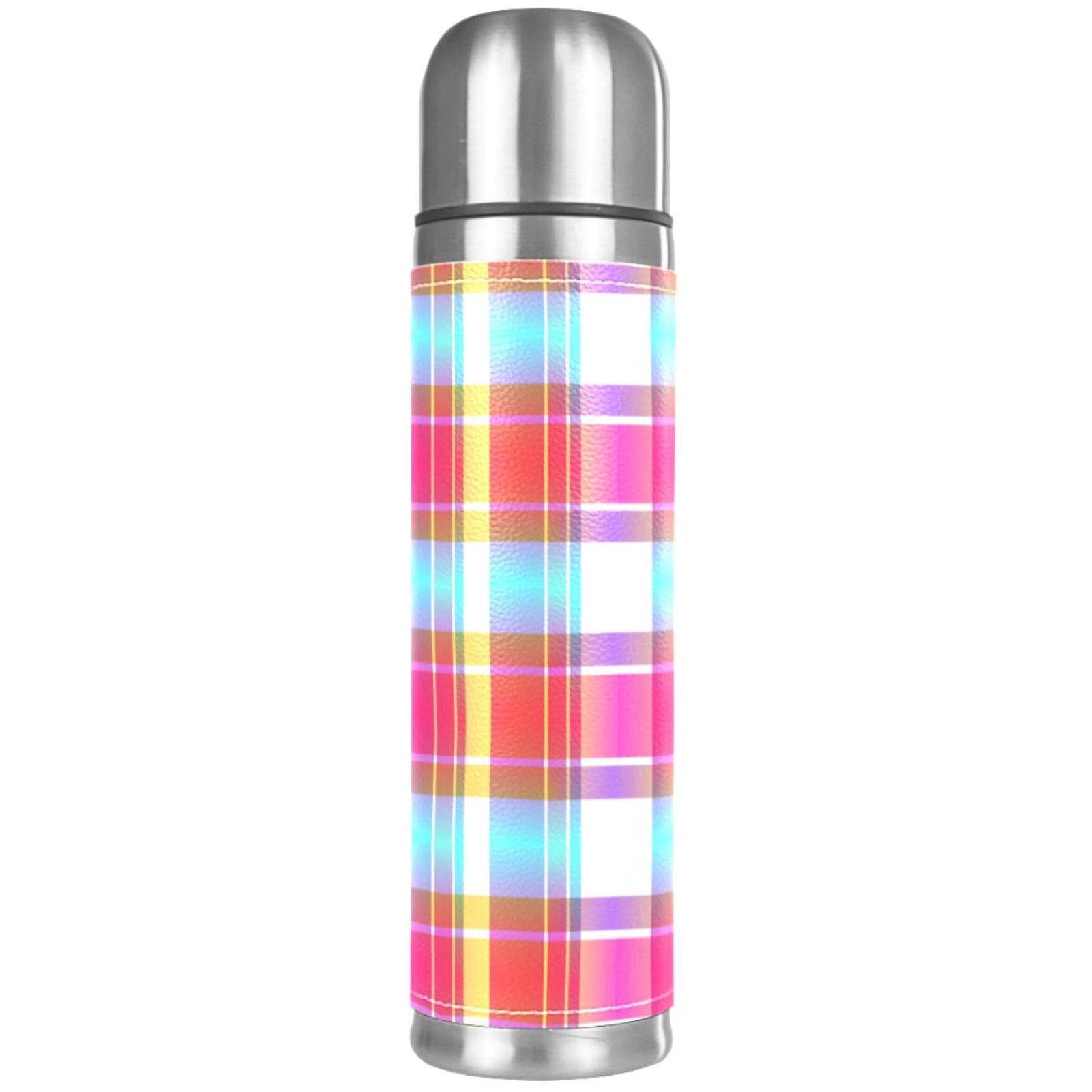 Stainless Steel Leather Vacuum Insulated Mug Cascading Plaid Thermos Water Bottle for Hot and Cold Drinks Kids Adults 16 Oz