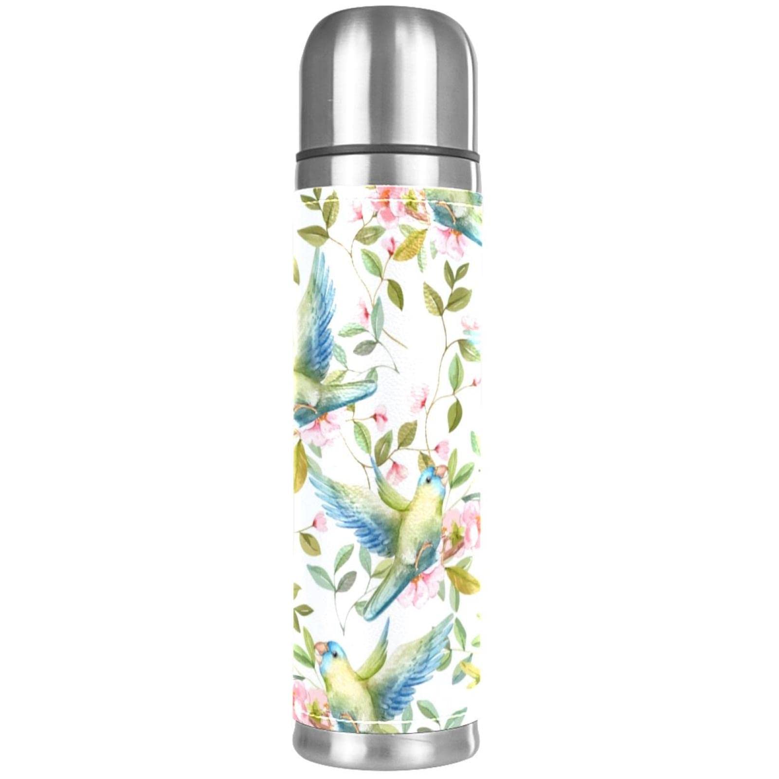 Stainless Steel Leather Vacuum Insulated Mug Flowers and Birds Thermos Water Bottle for Hot and Cold Drinks Kids Adults 16 Oz