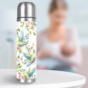 Stainless Steel Leather Vacuum Insulated Mug Flowers and Birds Thermos Water Bottle for Hot and Cold Drinks Kids Adults 16 Oz