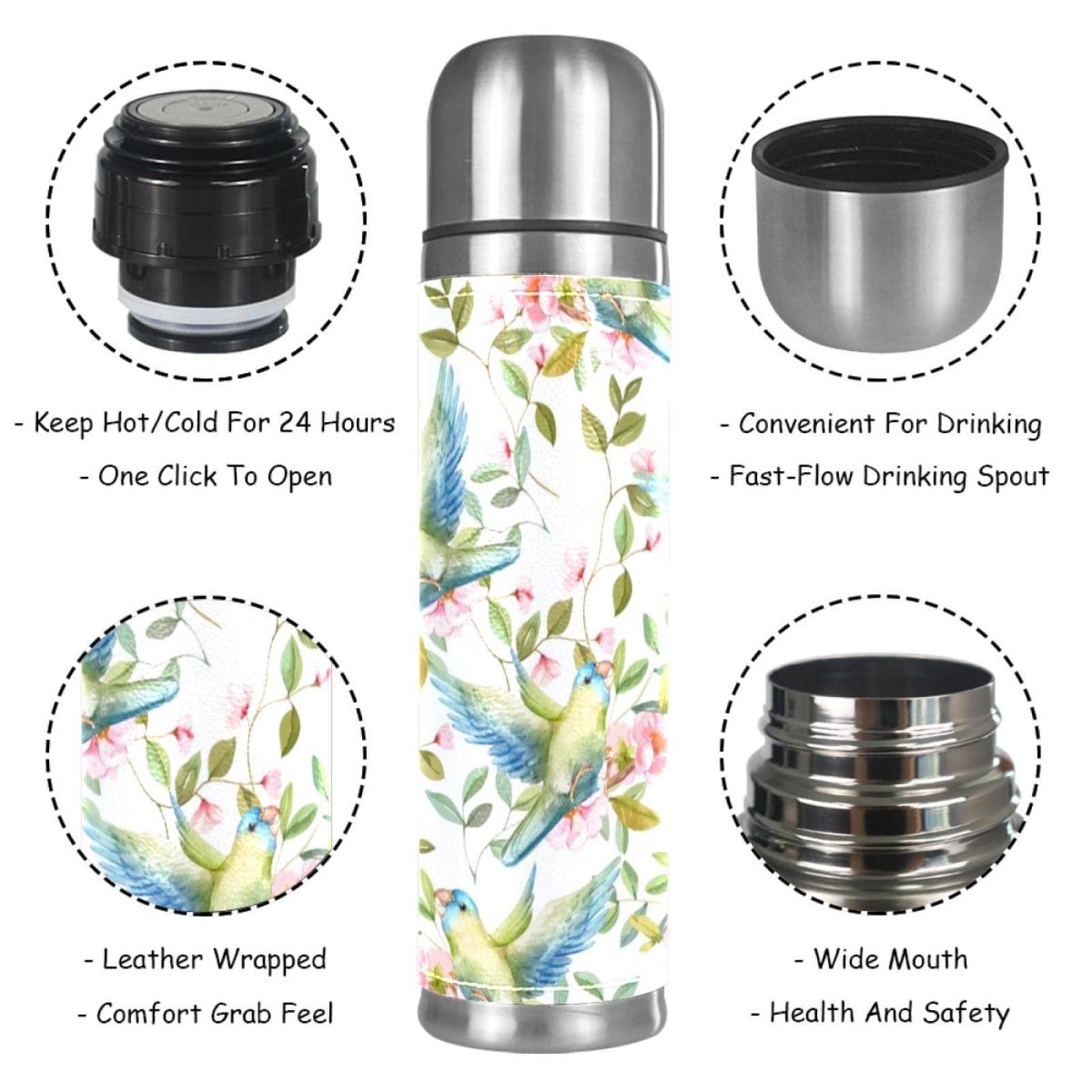 Stainless Steel Leather Vacuum Insulated Mug Flowers and Birds Thermos Water Bottle for Hot and Cold Drinks Kids Adults 16 Oz