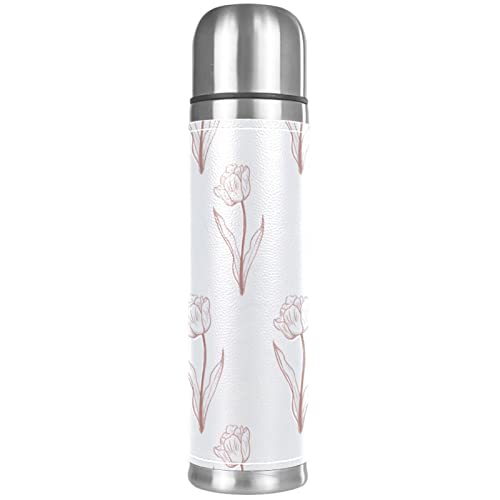 Stainless Steel Leather Vacuum Insulated Mug Tulip Thermos Water Bottle for Hot and Cold Drinks Kids Adults 16 Oz