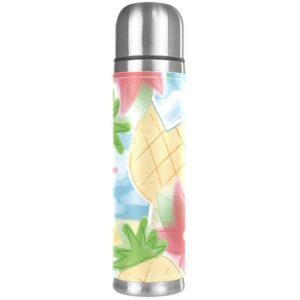 stainless steel leather vacuum insulated mug pineapple thermos water bottle for hot and cold drinks kids adults 16 oz