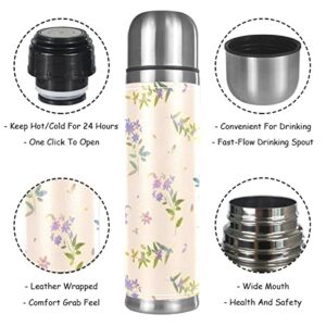 Stainless Steel Leather Vacuum Insulated Mug Flower Thermos Water Bottle for Hot and Cold Drinks Kids Adults 16 Oz