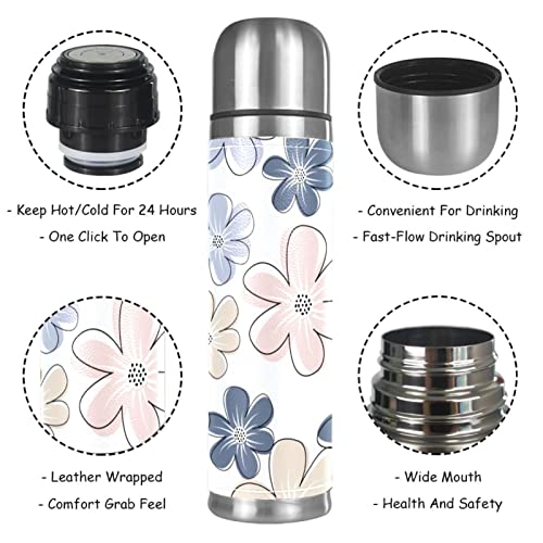 Stainless Steel Leather Vacuum Insulated Mug Flower Thermos Water Bottle for Hot and Cold Drinks Kids Adults 16 Oz