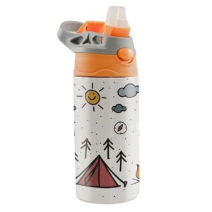 camping adventure – orange and grey – 12 oz kids water bottle with pop up silicone straw - personalize with name – double wall stainless steel insulation – keep beverage temperature for up to 8 hours