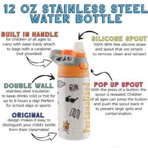 Camping Adventure – Orange and Grey – 12 oz Kids Water Bottle with Pop Up Silicone Straw - Personalize with Name – Double Wall Stainless Steel Insulation – Keep Beverage Temperature for Up To 8 Hours