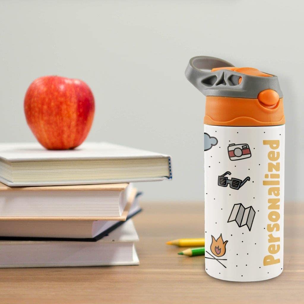 Camping Adventure – Orange and Grey – 12 oz Kids Water Bottle with Pop Up Silicone Straw - Personalize with Name – Double Wall Stainless Steel Insulation – Keep Beverage Temperature for Up To 8 Hours