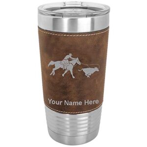 lasergram 20oz vacuum insulated tumbler mug, cowgirl roping a calf, personalized engraving included (faux leather, rustic)