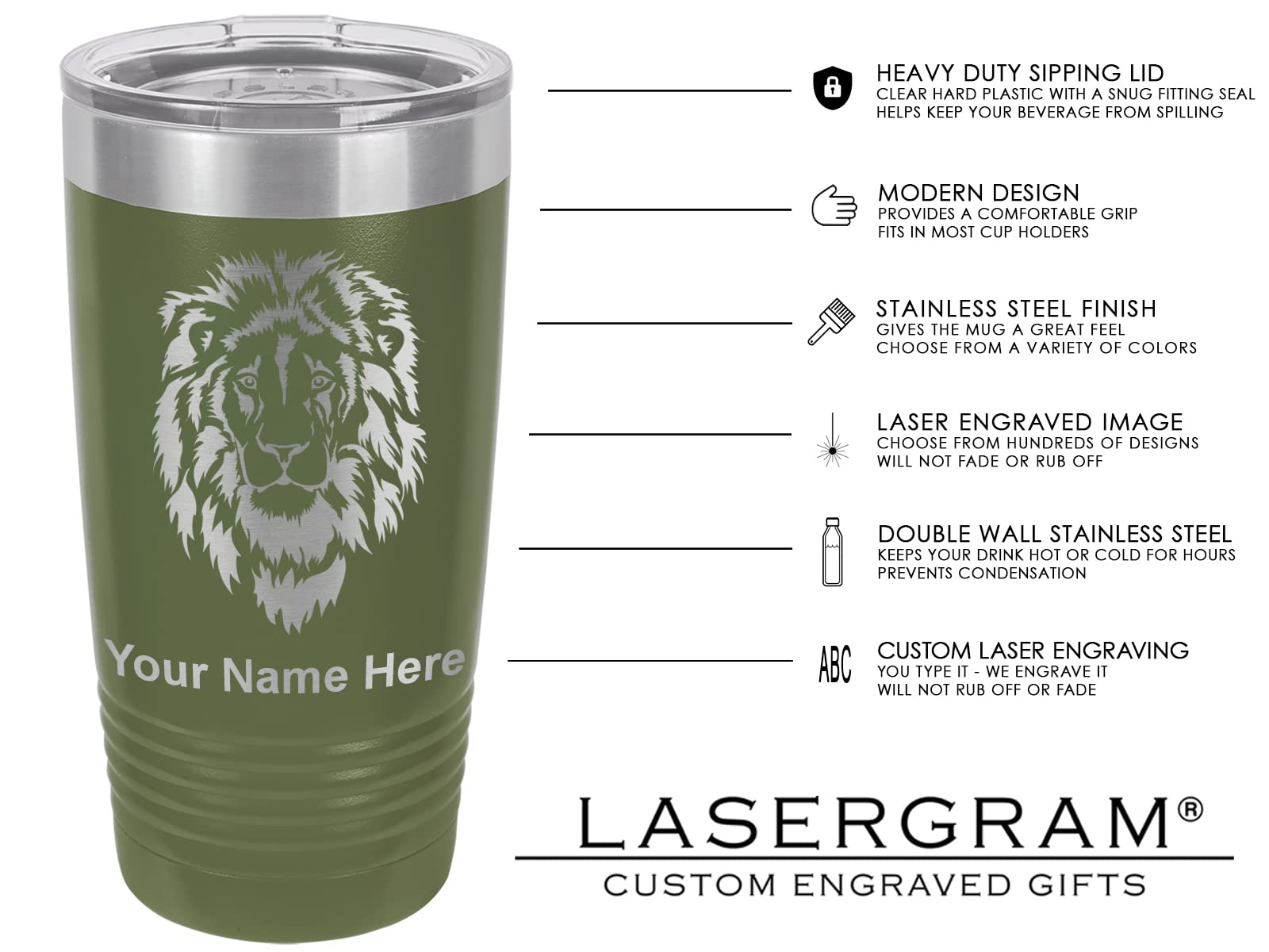 LaserGram 20oz Vacuum Insulated Tumbler Mug, Bass Fish, Personalized Engraving Included (Camo Green)