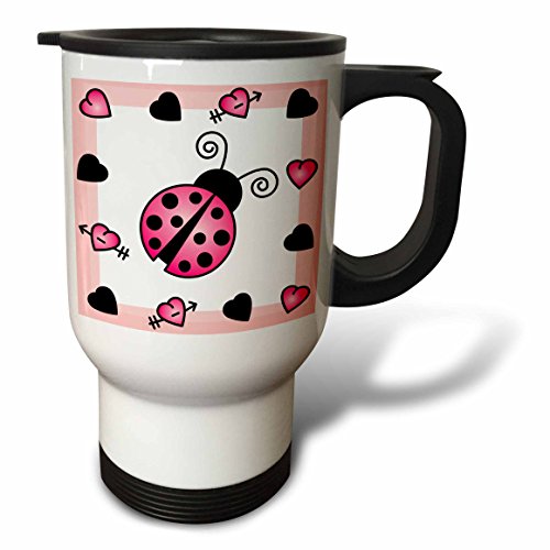 3dRose Love Bugs Pink Ladybug with Hearts Travel Mug, 14-Ounce, Stainless Steel