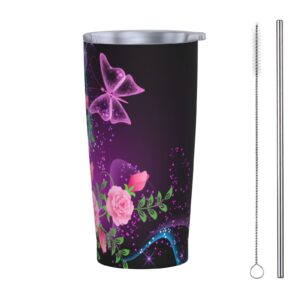 dujiea 20oz tumbler with lid and straw, flowers smoke and butterfly vacuum insulated iced coffee mug reusable travel cup stainless steel water bottle
