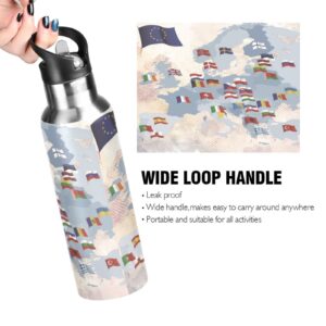 Kigai World Map Eu Country Flag Water Bottle, Outdoor Sports Bottle With Wide Mouth Straw Lid, Stainless Steel Double Wall Vacuum Insulated Flask for School Gym 20 oz