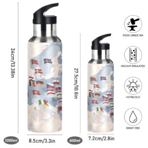 Kigai World Map Eu Country Flag Water Bottle, Outdoor Sports Bottle With Wide Mouth Straw Lid, Stainless Steel Double Wall Vacuum Insulated Flask for School Gym 20 oz