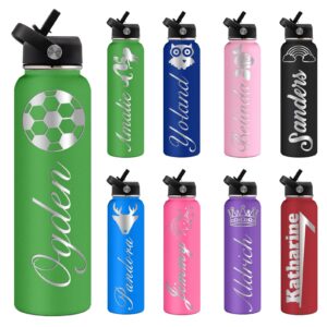 assetbag personalized water bottles for kids with straw lid bulk 24oz engraved customized insulated bottle with name and text for men dad gifts(green)