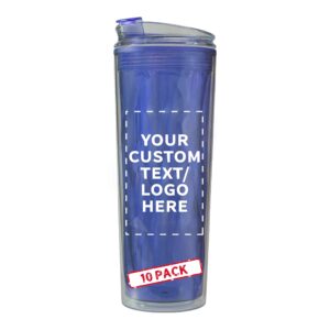 personalized 20 oz. double wall plastic travel mugs - 10 pack - custom text, logo - blue