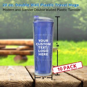 Personalized 20 oz. Double Wall Plastic Travel Mugs - 10 Pack - Custom Text, Logo - Blue